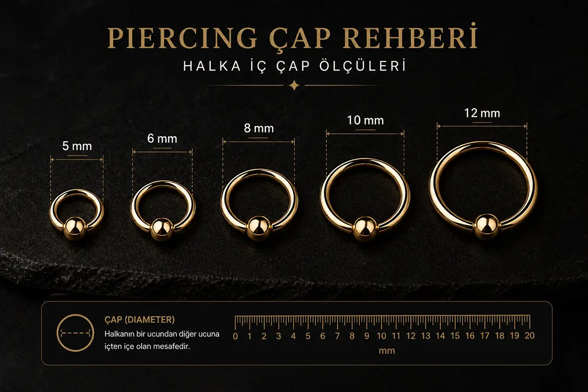 Farklı iç çap ölçülerine sahip altın renkli halka piercingler