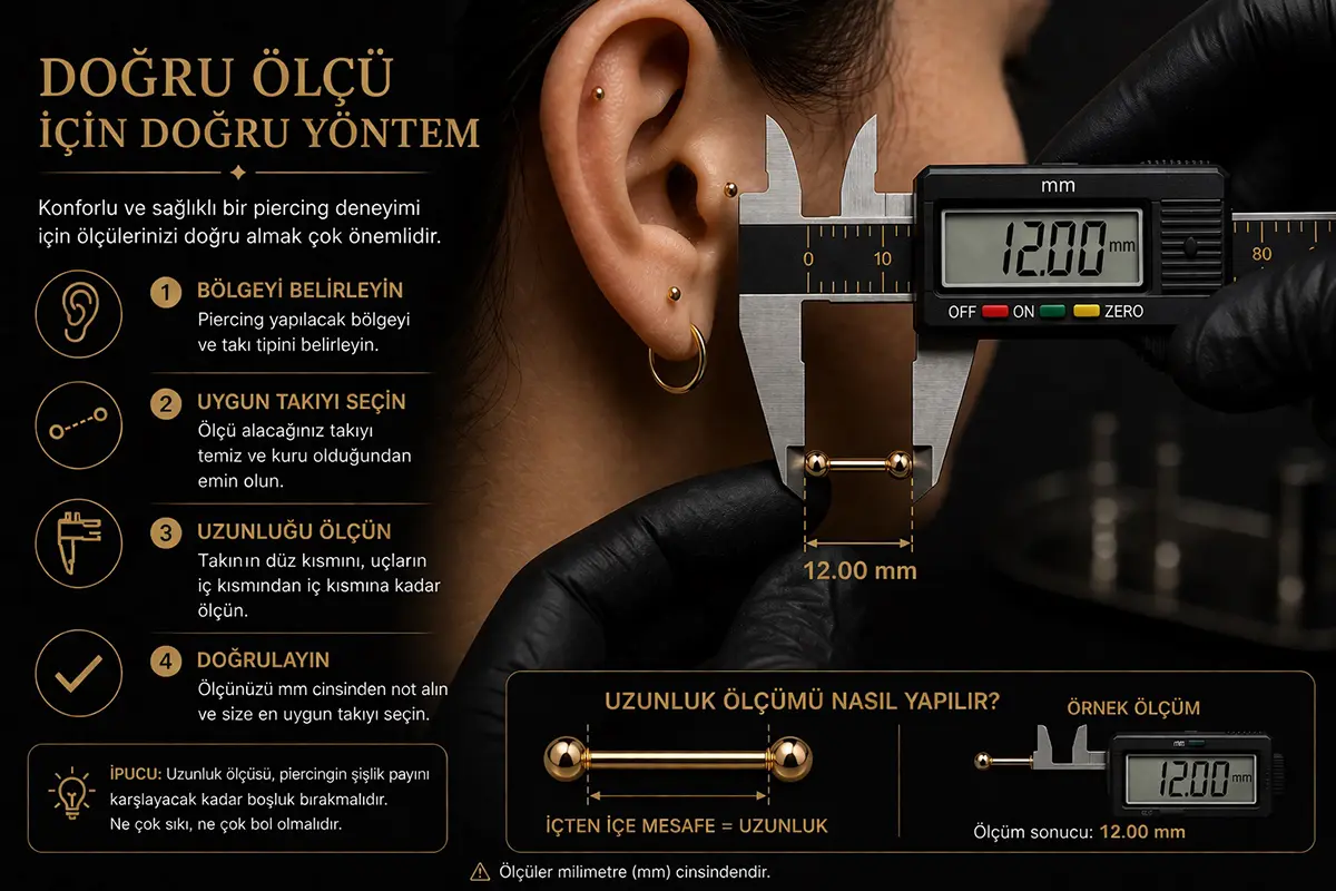 Eldivenli bir uzman tarafından kumpasla ölçülen kulak piercingi