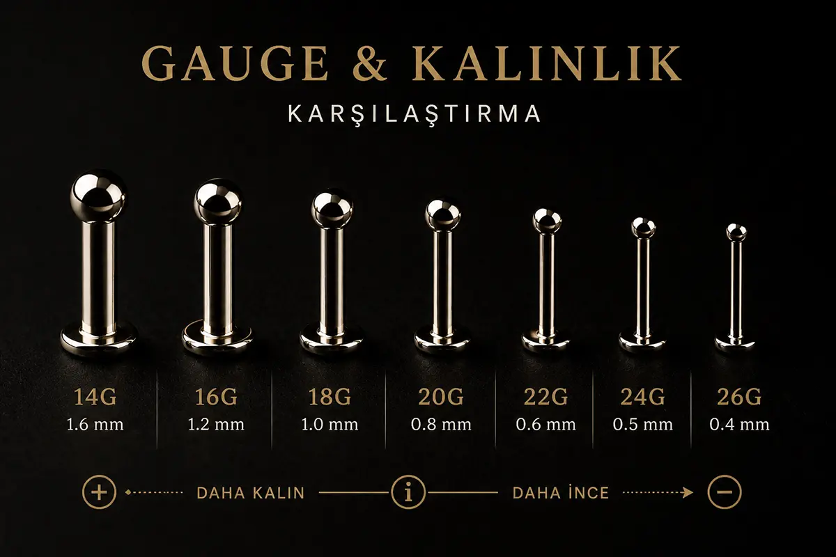 14G ile 26G arasındaki piercing kalınlıklarını karşılaştıran düz barlar