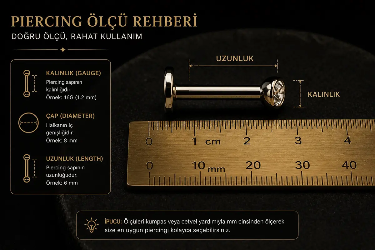 Pirinç cetvel üzerinde kalınlık, bar uzunluğu ve çap ölçüleri gösterilen piercing takıları