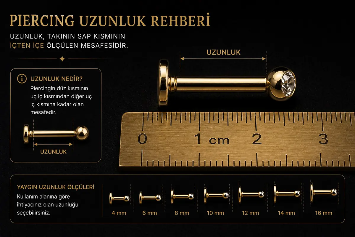 Pirinç cetvel üzerinde farklı bar uzunluklarına sahip piercing takıları