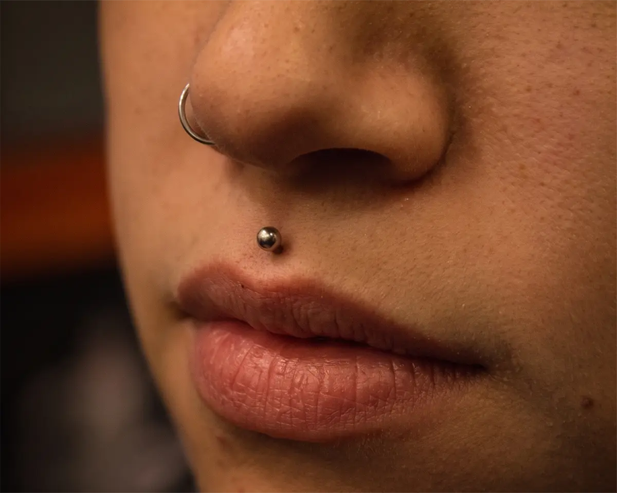 Medusa piercing philtrum bölgesinde takı yerleşim örneği