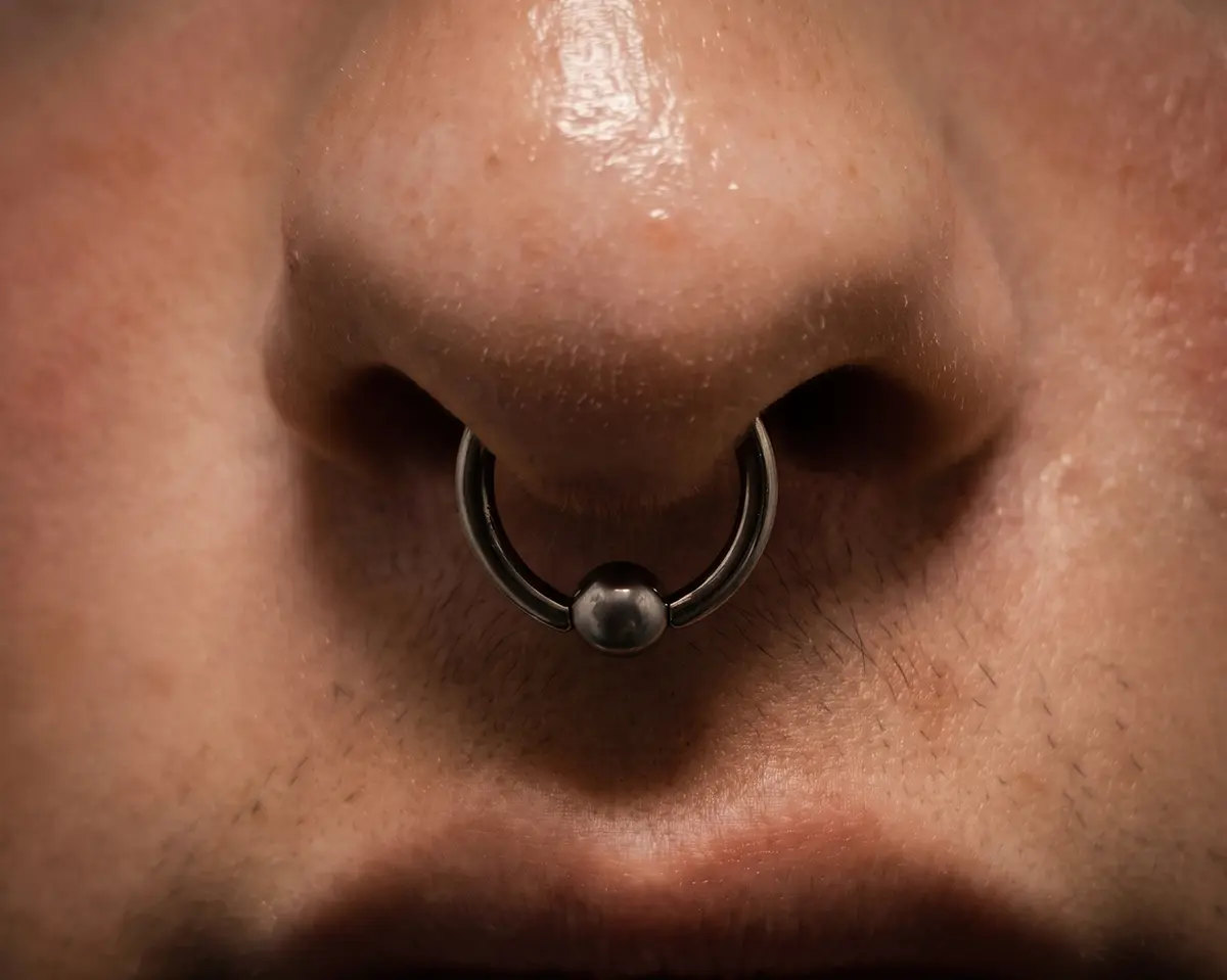 Septum piercing burun orta bölmesinde halka yerleşim örneği